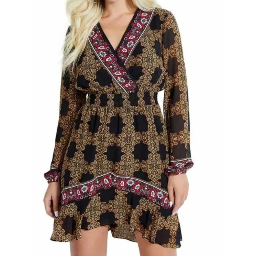 GUESS Dress Women M Black Gold Long Sleeve Surplice Fit + Flare Chiffon Lined